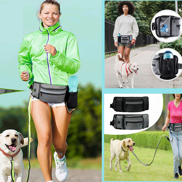 Woman jogging with a dog while wearing a grey dog walking waist bag, with inset photos of the bag in use