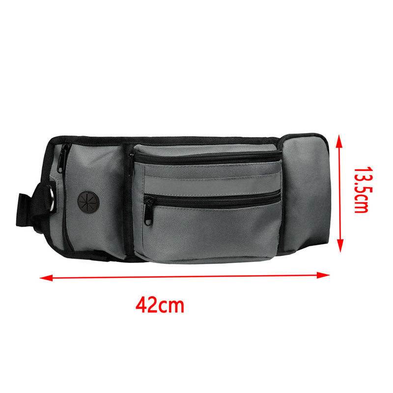 Grey dog walking waist bag with dimensions marked: 42 cm wide and 13.5 cm high
