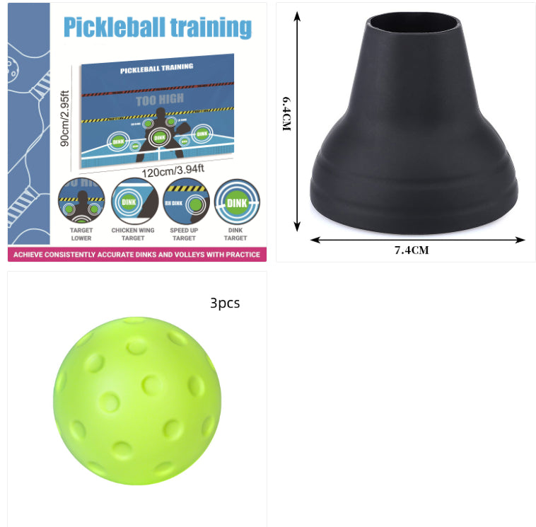 Pickleball wall training kit contents: wall target mat, ball picker and 3 foam practice balls