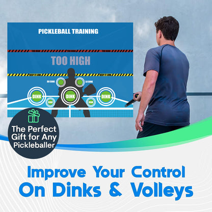 Player practising pickleball shots against a wall target mat, with text: Improve your control on dinks and volleys