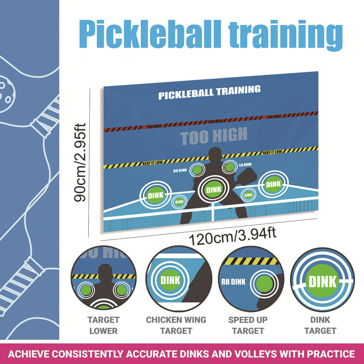 Pickleball wall target mat measuring 120 × 90 cm with marked target zones