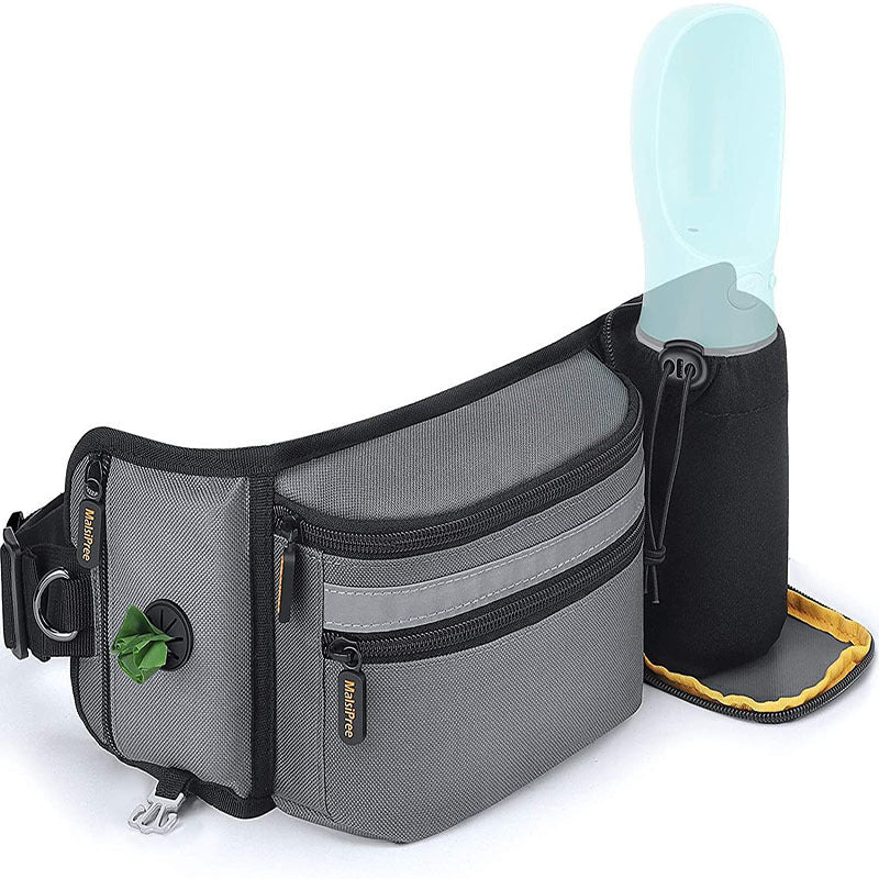 Grey dog walking waist bag with side bottle holder, shown with a water bottle (bottle not included)