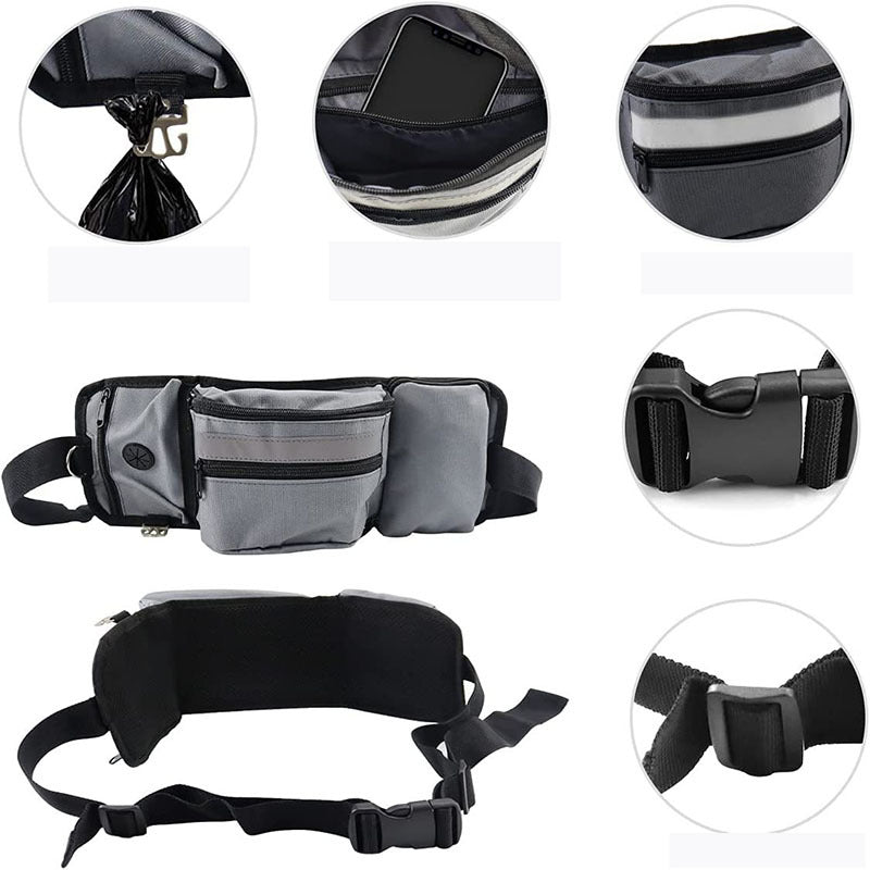 Close-up details of the dog walking waist bag: waste bag hook, phone pocket, reflective strip, adjustable belt and buckle